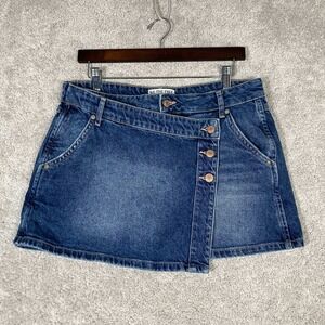 We The Free Free People Wynne Denim Skirt Blue Asymmetrical Button Mini Size 29